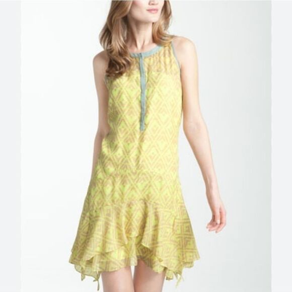 NWT Rebecca Taylor Henle Print Silk Chiffon Flutter Hem Dress 0 Citron Yellow - Picture 1 of 10